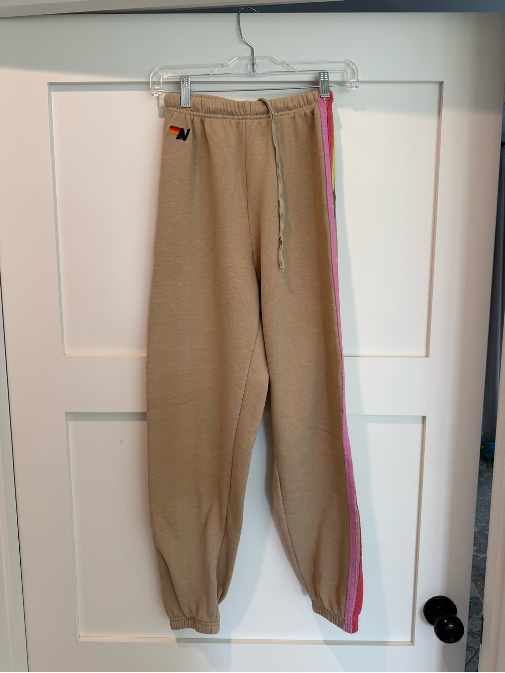 Aviator Nation Tan Hoodie and tan sweatpants with Rainbow Stripe Accents SET - Picture 7 of 9